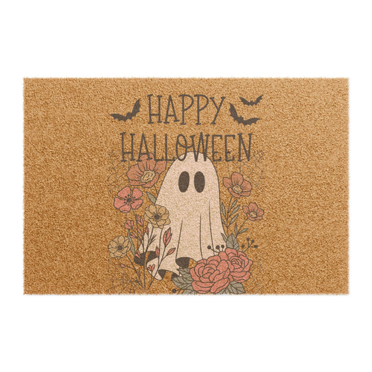 Halloween Doormat with Ghost and Flowers, Spooky Home Decor, Autumn Entrance Mat, Seasonal Welcome Mat, Fall Decoration