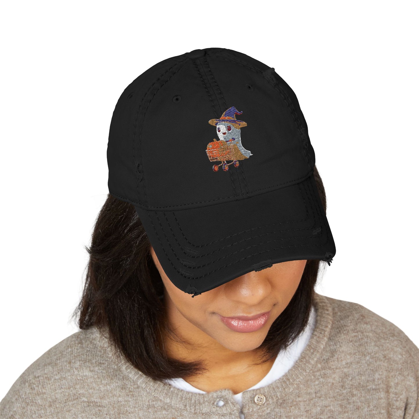 Distressed Hat with Embroidered Ghost Shopper Pumpkin Design, Casual Hat, Fall Accessory, Halloween Gift for Dad, Dad Cap, Spooky [...]