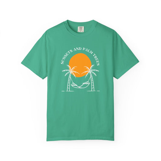 Sunset and Palm Trees T-shirt, Unisex Relaxed Tee, Summer Vibes Shirt, Vacation Attire, Beach Lover Gift, Casual Wear