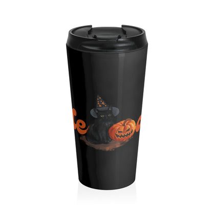 Halloween Cat Travel Mug, Stainless Steel Coffee Cup, Black Cat Pumpkin Tumbler, Autumn Drinkware, Cat Lover Gift, Spooky Season Accessory