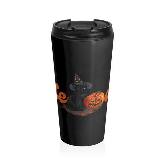 Halloween Cat Travel Mug, Stainless Steel Coffee Cup, Black Cat Pumpkin Tumbler, Autumn Drinkware, Cat Lover Gift, Spooky Season Accessory