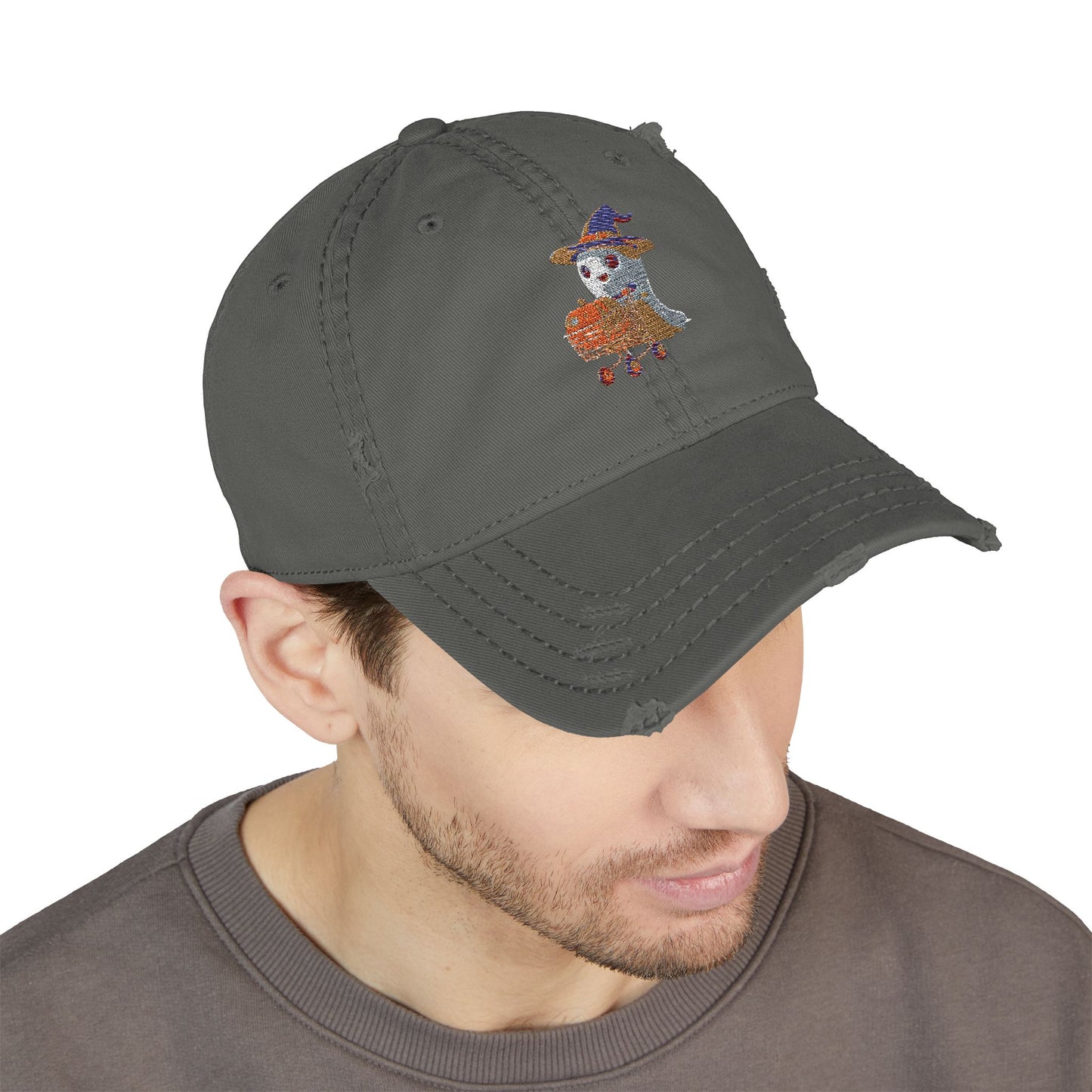 Distressed Hat with Embroidered Ghost Shopper Pumpkin Design, Casual Hat, Fall Accessory, Halloween Gift for Dad, Dad Cap, Spooky [...]