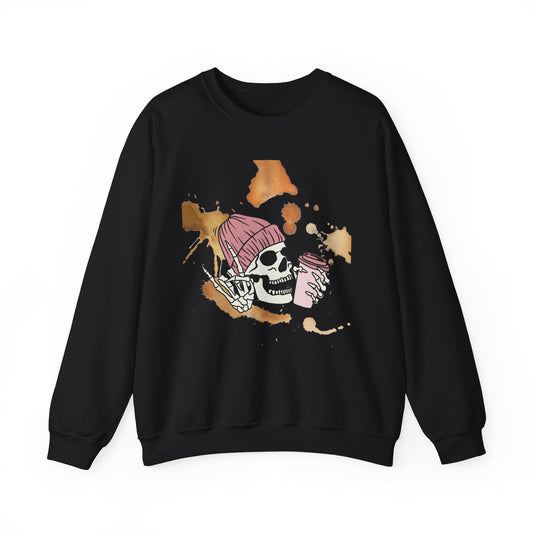 Cool Skull Coffee Sweatshirt, Unisex Crewneck Pullover, Halloween Gift, Cozy Sweatshirt, Edgy Halloween Apparel, Casual Style