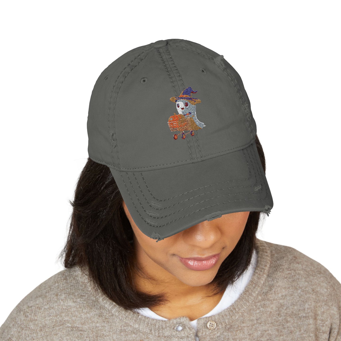 Distressed Hat with Embroidered Ghost Shopper Pumpkin Design, Casual Hat, Fall Accessory, Halloween Gift for Dad, Dad Cap, Spooky [...]