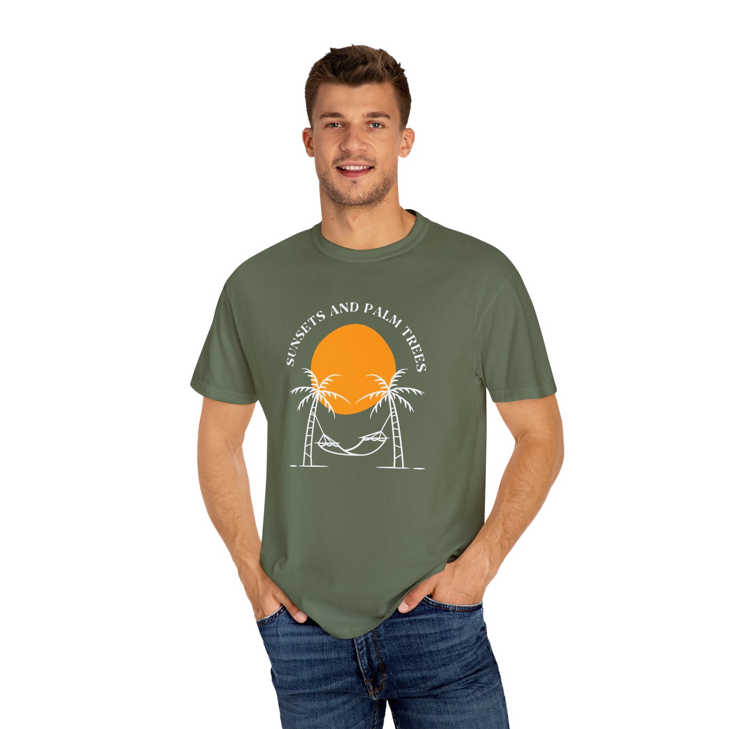 Sunset and Palm Trees T-shirt, Unisex Relaxed Tee, Summer Vibes Shirt, Vacation Attire, Beach Lover Gift, Casual Wear